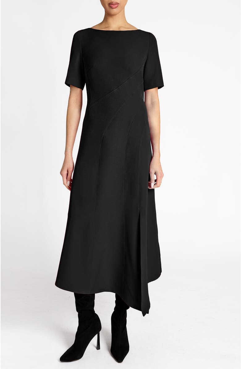 Santorelli Inez Short Sleeve Midi A Line Dress in Soft Stretch Crepe, Main, color, Black