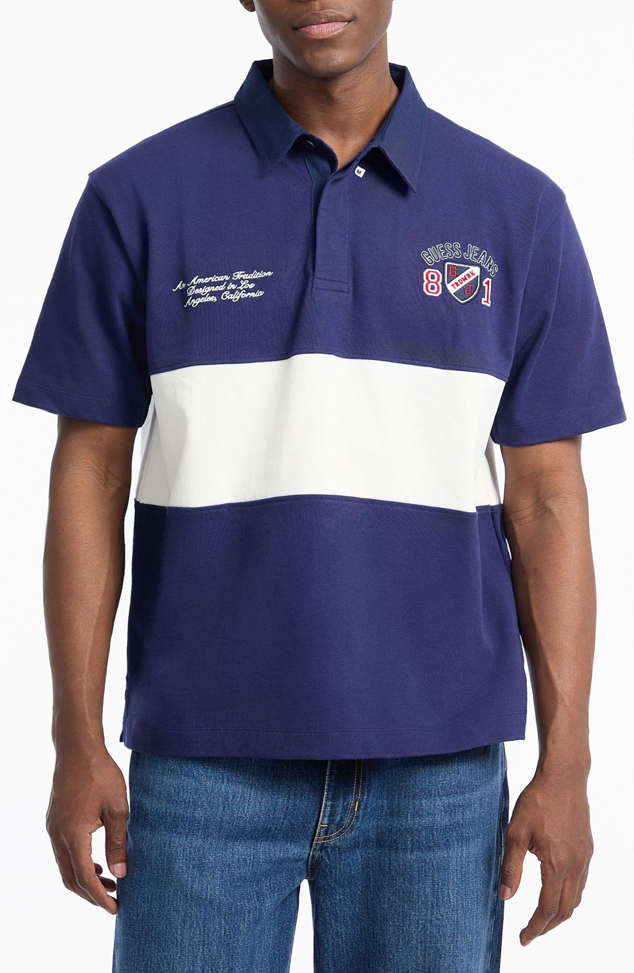 GUESS JEANS Colorblock Short Sleeve Rugy Shirt in Blue 