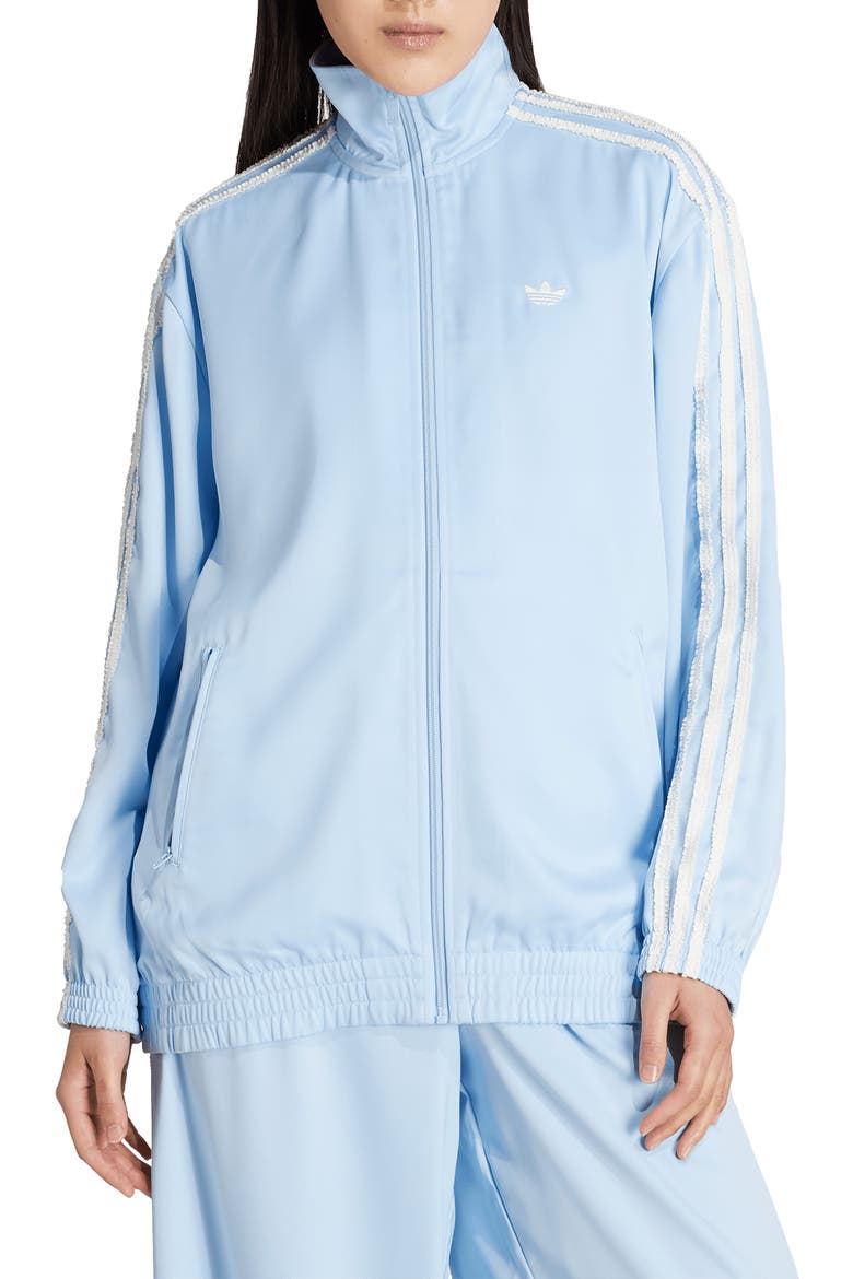  3ストライプ ジャケットライトブルー adidas Ruffle 3-Stripes Satin Track Jacket (Women) | Nordstrom