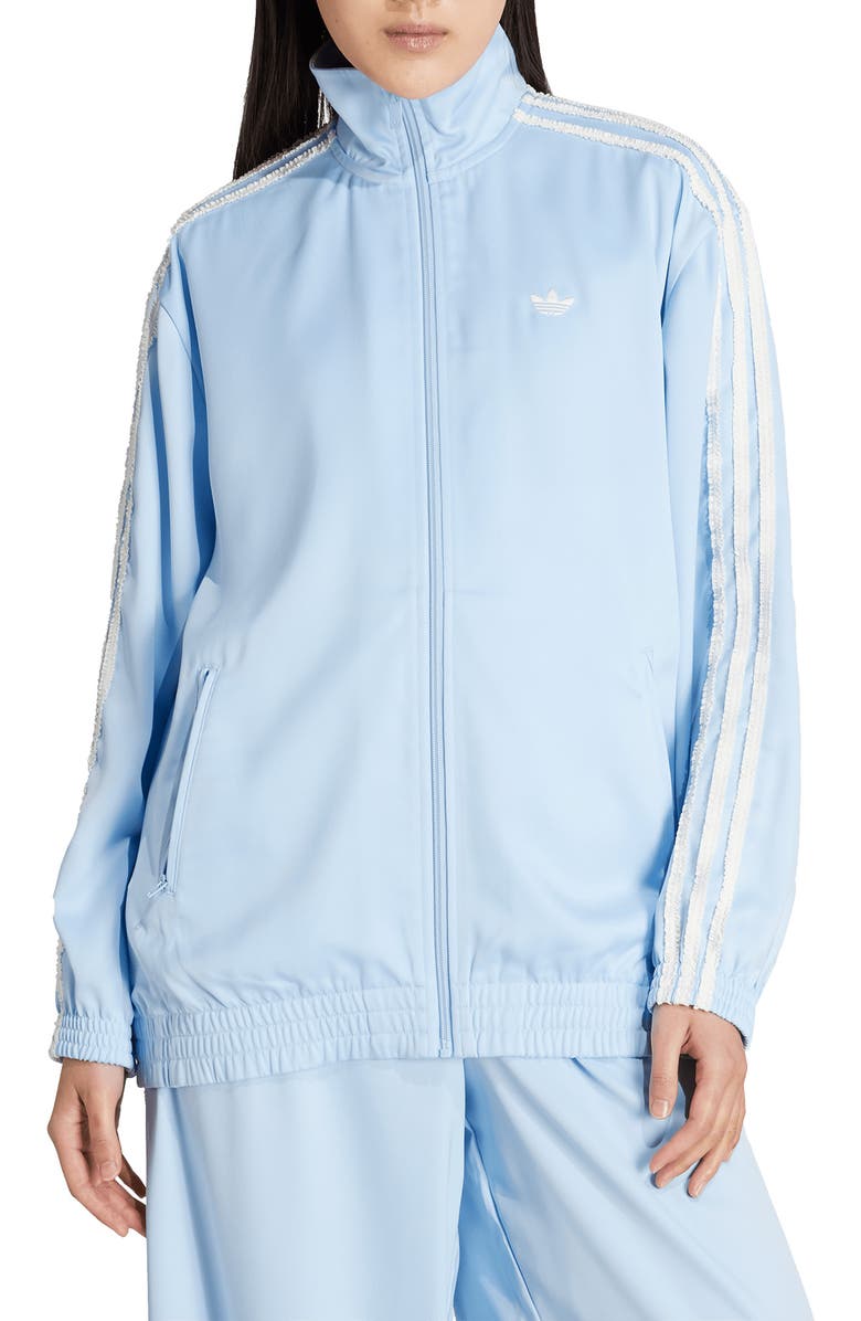 adidas Ruffle 3-Stripes Satin Track Jacket, Main, color,