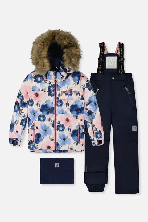 Play Flower Faux Fur Hood Jacket & Pants Two Piece Snowsuit
