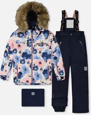 Deux par Deux Play Flower Faux Fur Hood Jacket & Pants Two Piece Snowsuit