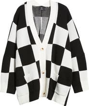 Green & Black Checker Print Unisex V-neck Cardigan With