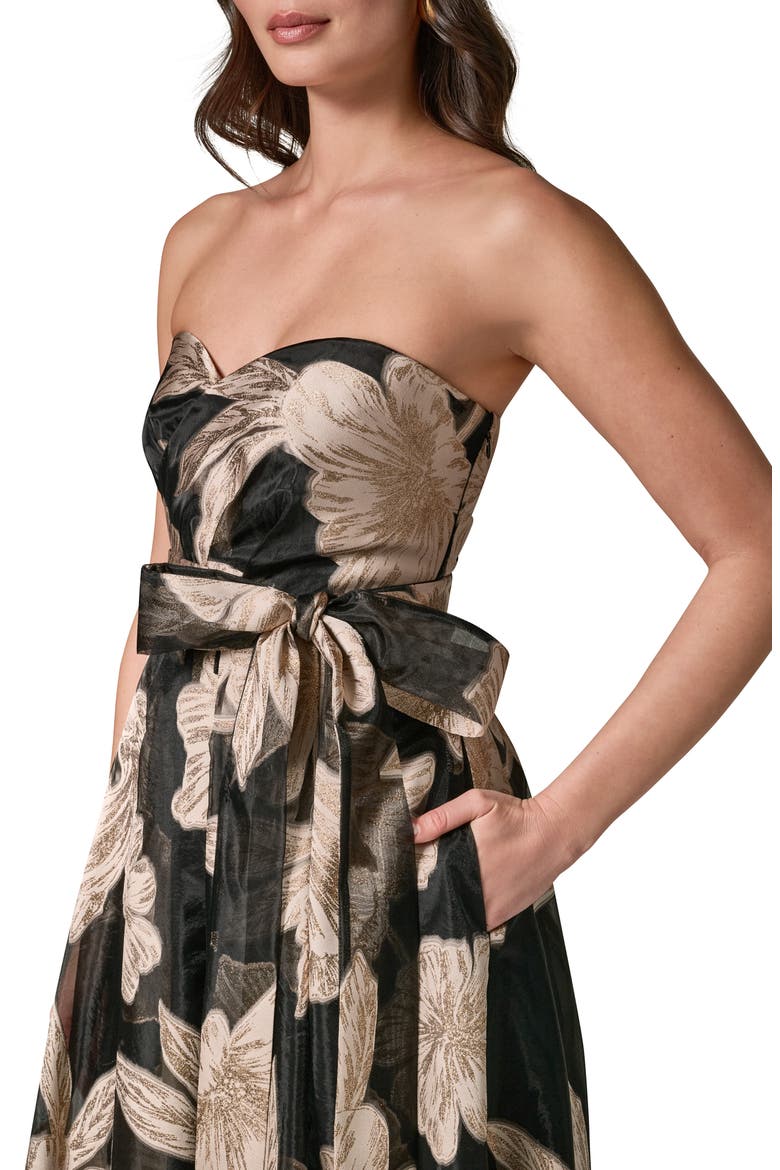 Strapless Floral Gown, Alternate, color, BLACK/ CANVAS MULTI