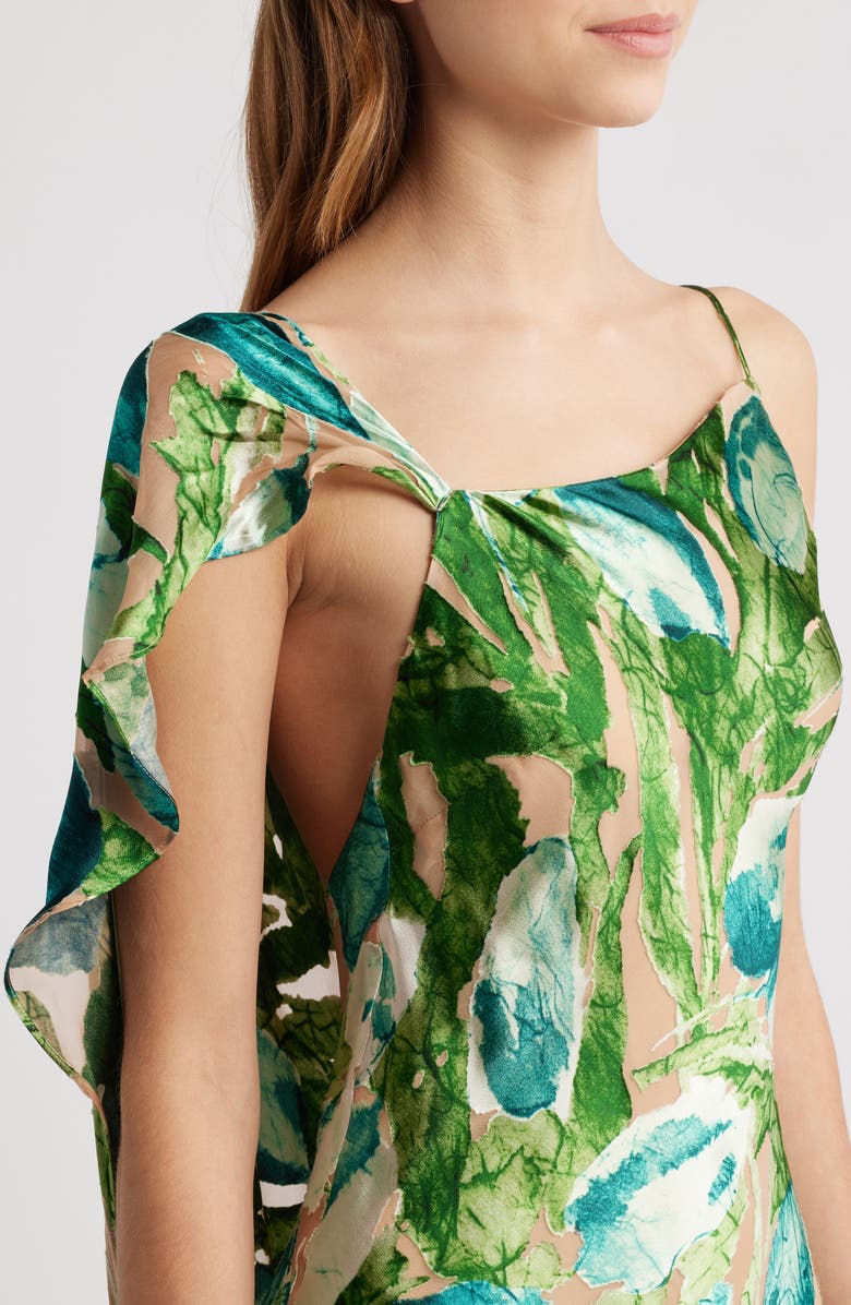 Cult Gaia Iker Asymmetric Neck Leaf Print Jacquard Silk Blend Gown, Alternate, color, 