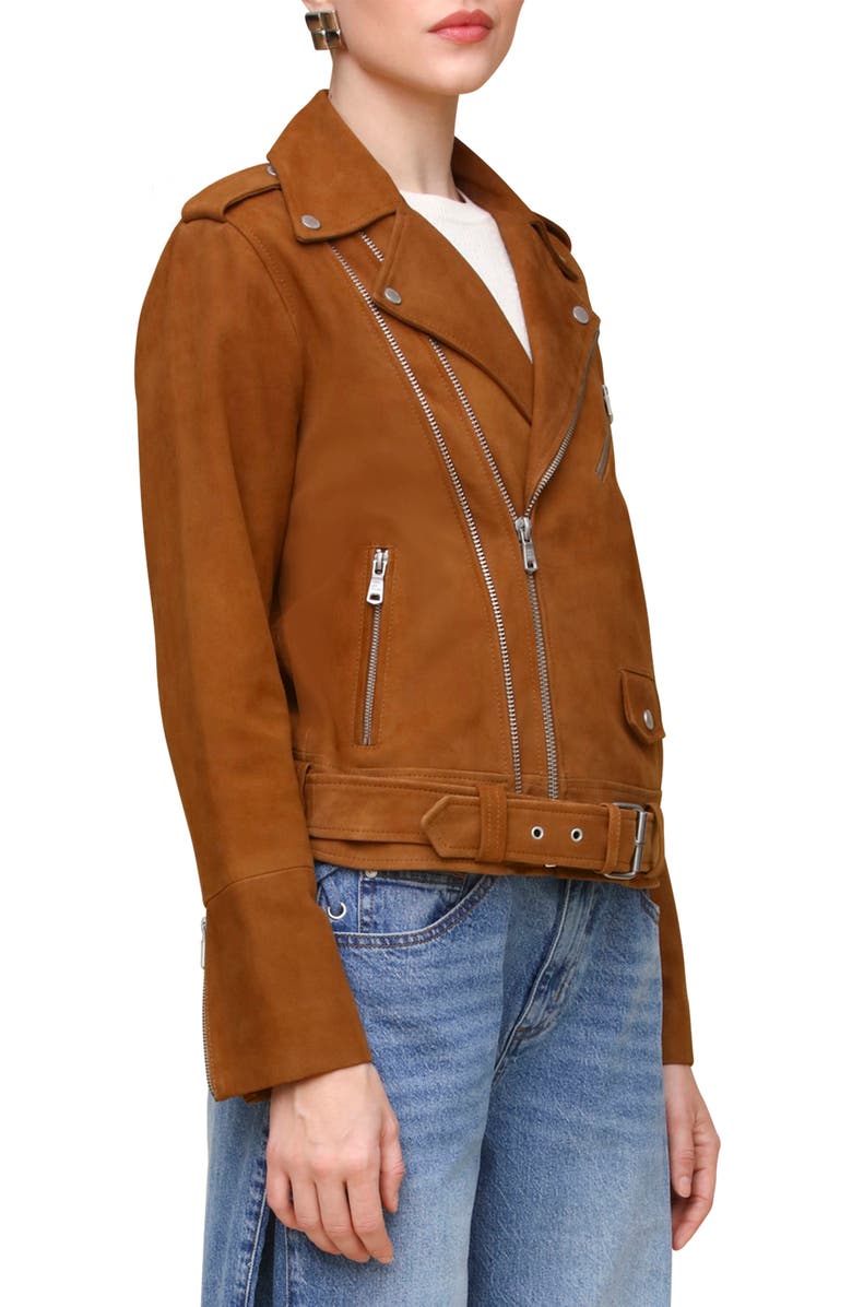 Avec Les Filles Belted Suede Moto Jacket, Alternate, color, Camel