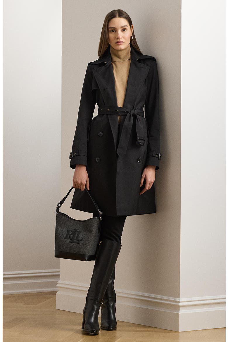 Belted Water Resistant Double Breasted Trench Coat, Alternate, color, BLACK