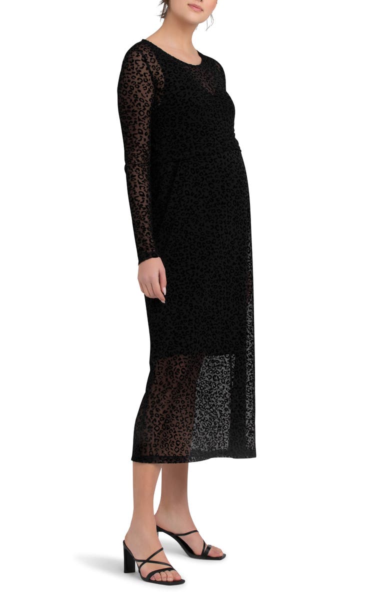 Ripe Maternity Leo Flocked Long Sleeve Maternity/Nursing Dress, Alternate, color, Black