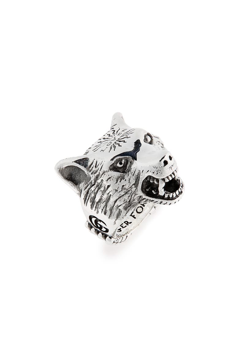 Wolf Head Sterling Silver Ring, Main, color, SILVER