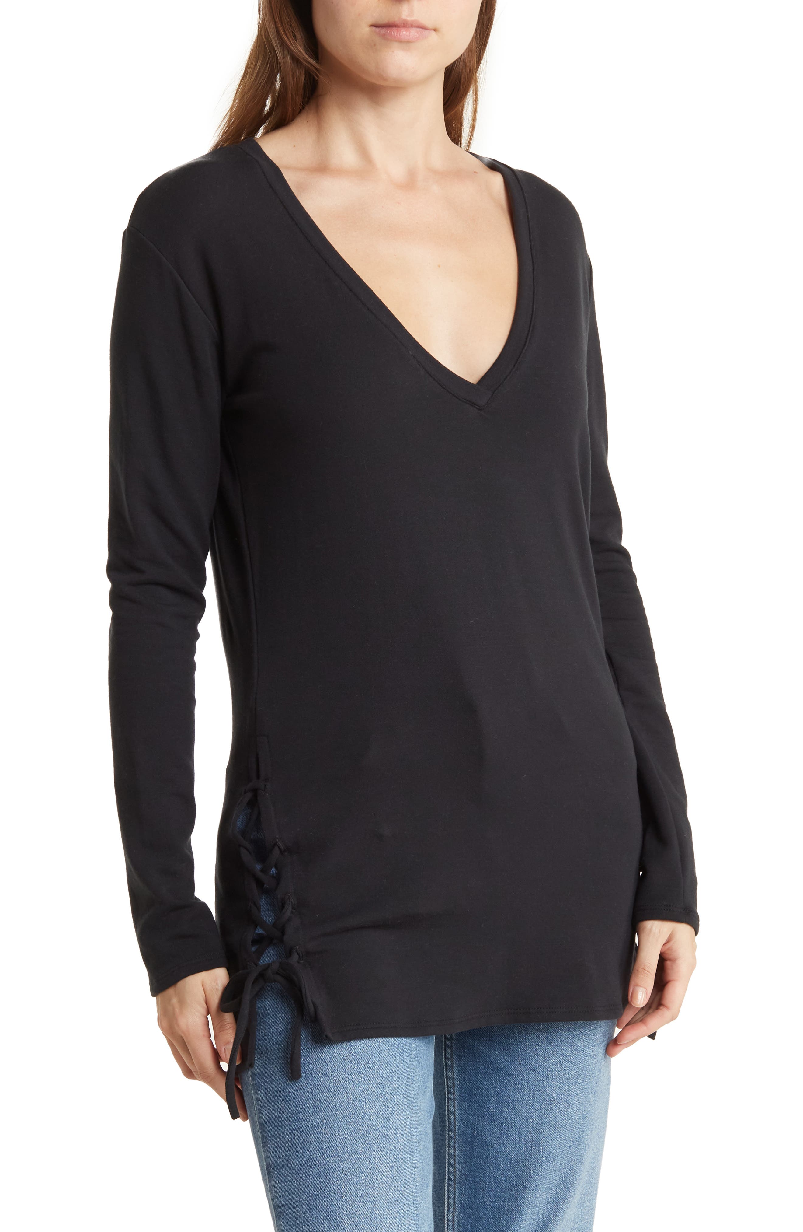 GO COUTURE V-Neck Dolman Sleeve Double Lace-Up T-Shirt