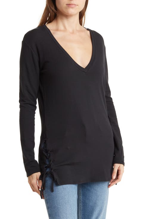 V-Neck Dolman Sleeve Double Lace-Up T-Shirt
