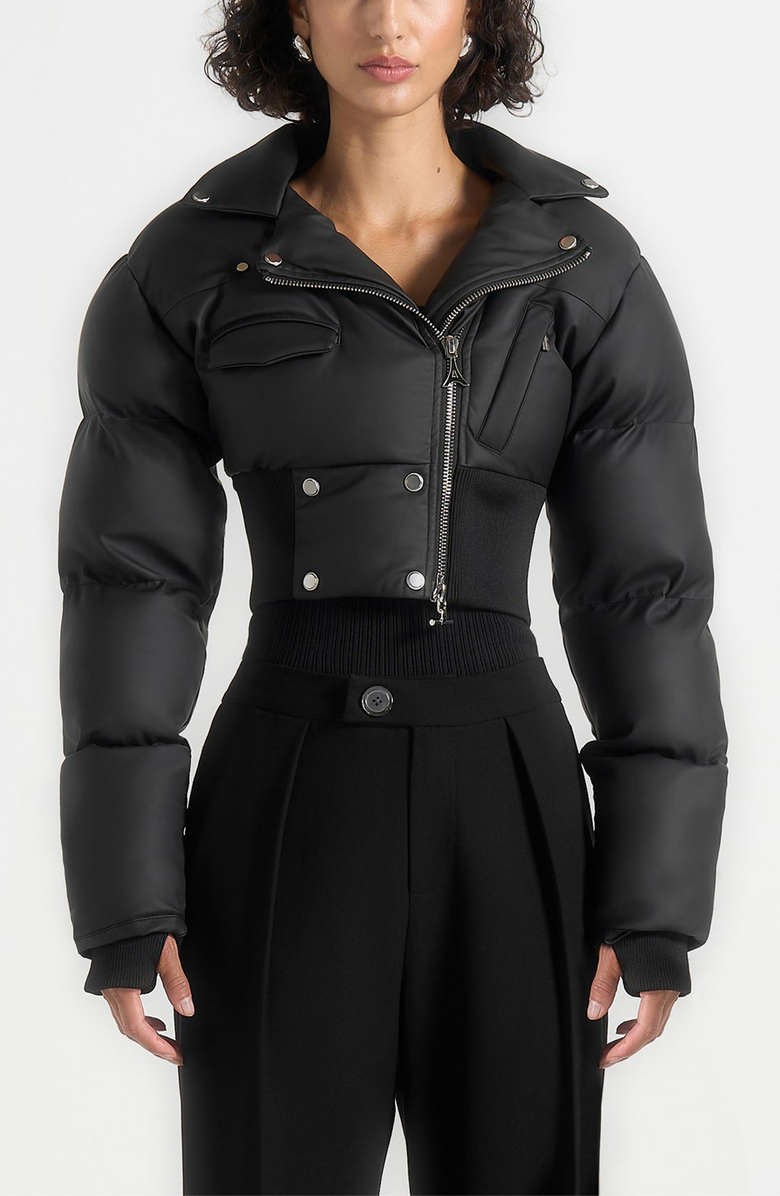 Manière De Voir Dalya Matte Cropped Biker Puffer Jacket, Alternate, color, Black