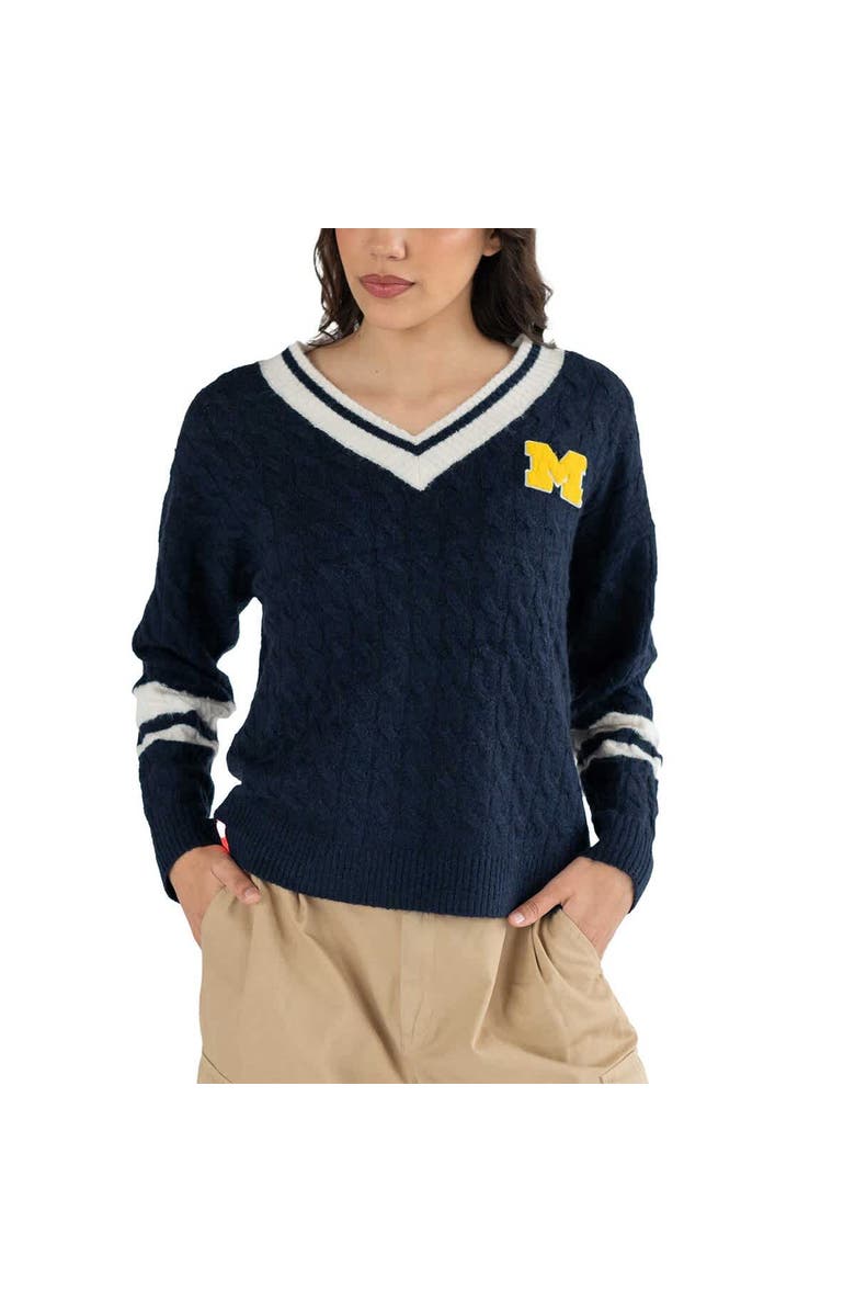 LUSSO Women's Lusso Navy Michigan Wolverines Stella Cable Knit V-Neck Pullover Sweater, Main, color, Navy