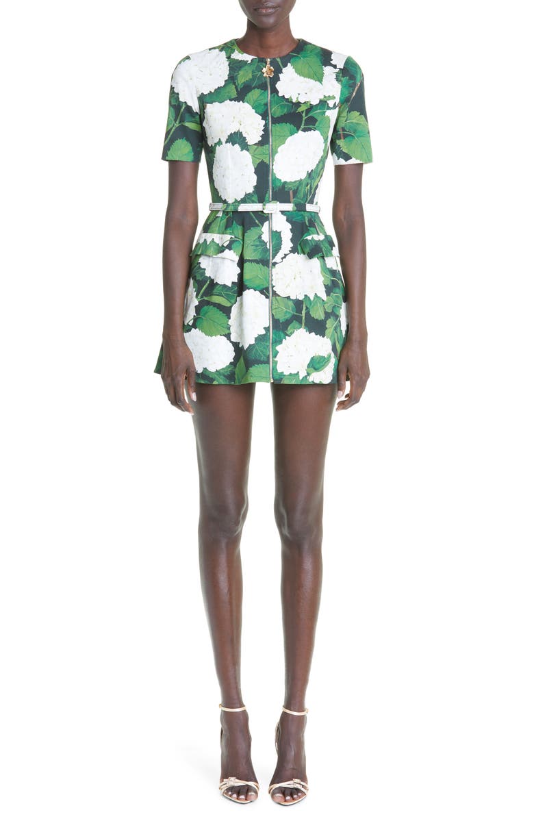 Oscar de la Renta Belted Hydrangea Print Zip Front Stretch Cotton Twill Minidress, Main, color,