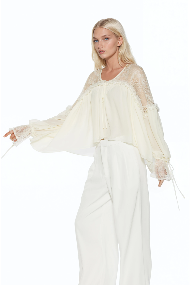 Indigo Lace Cotton Blouse, Alternate, color, Ivory