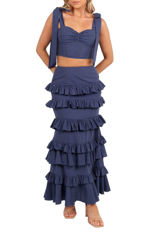 Petal & Pup Tia Crop Corset Top & High Waist Maxi Skirt Set in Navy at Nordstrom, Size Medium