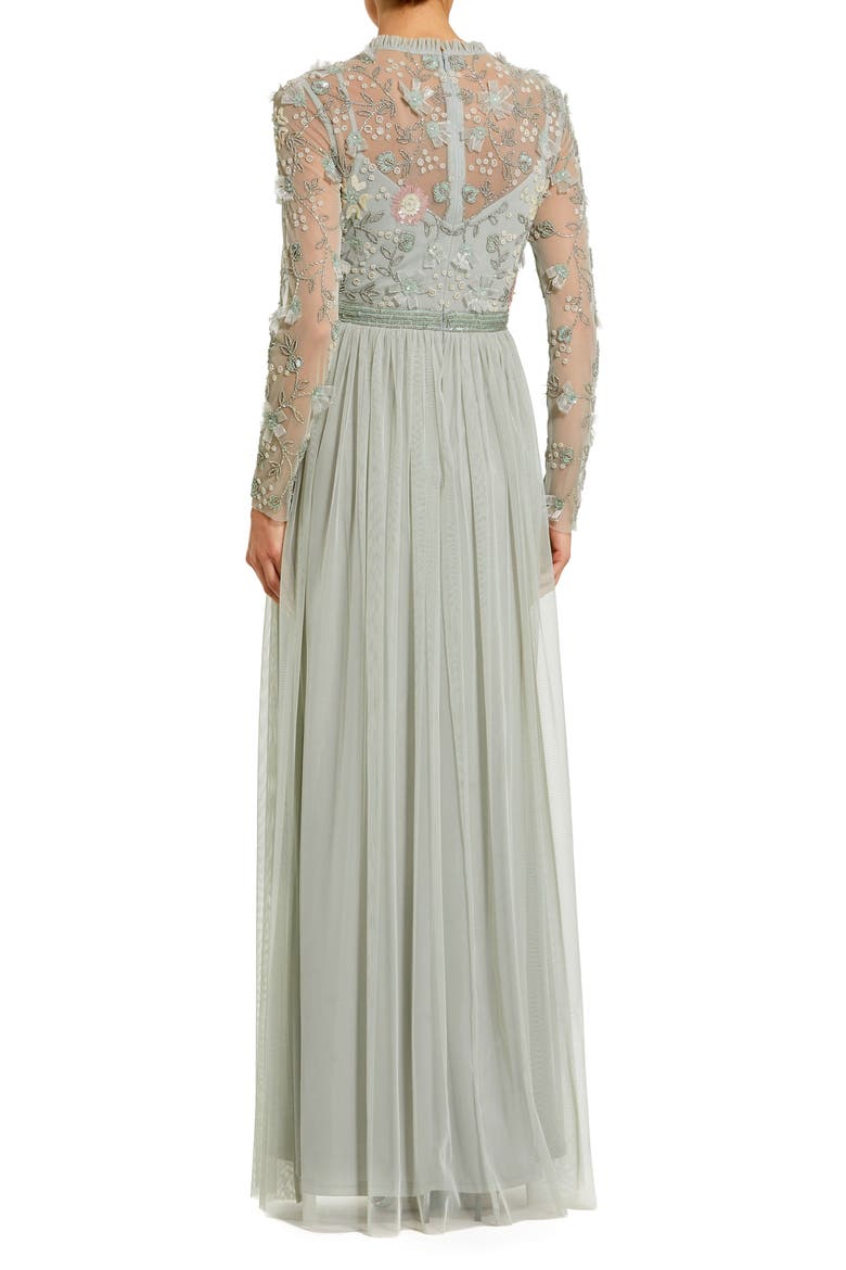 Embellished Illusion High Neck Long Sleeve Gown, Alternate, color, Sage