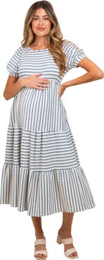 PinkBlush Striped Short Sleeve Tiered Maxi Dress