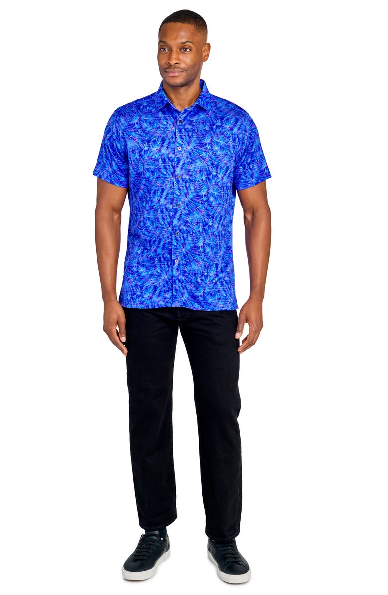 CONSTRUCT Slim Fit Large Monstera 4-Way Stretch Short Sleeve Button-Up Shirt, Alternate, color, Blue