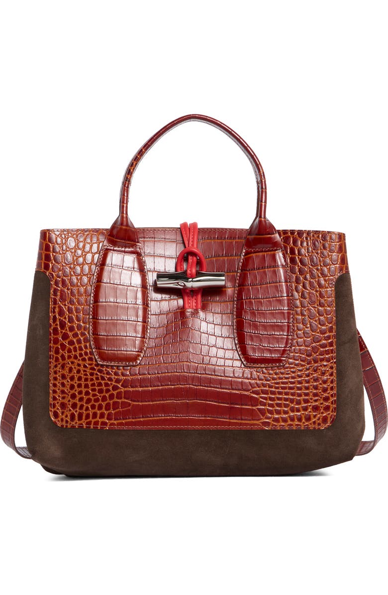 Longchamp Le Roseau Medium Mixed Leather Handbag, Main, color, Cognac