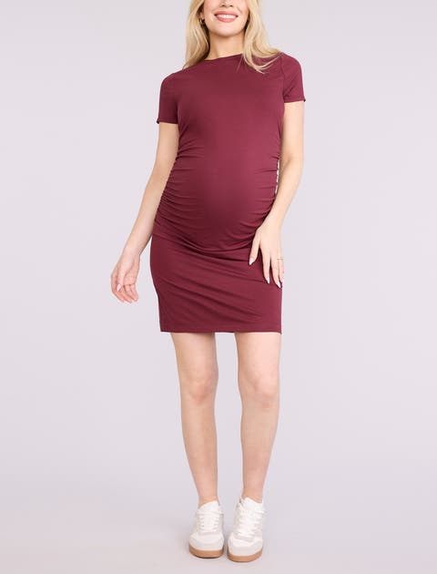 Crewneck Short Sleeve Side Ruched Bodycon Mini Dress