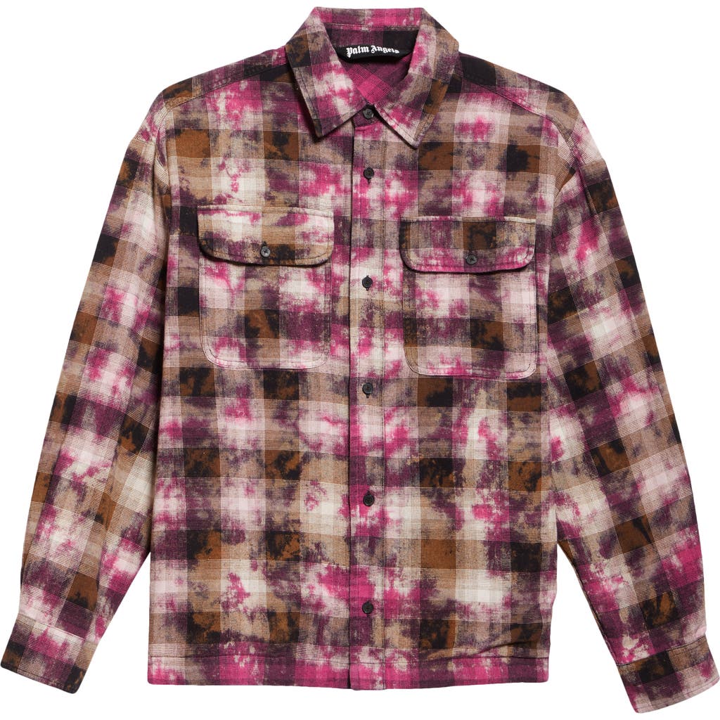Shop Palm Angels Curved Logo Plaid Button-up Shirt In Fuchsia - Off White