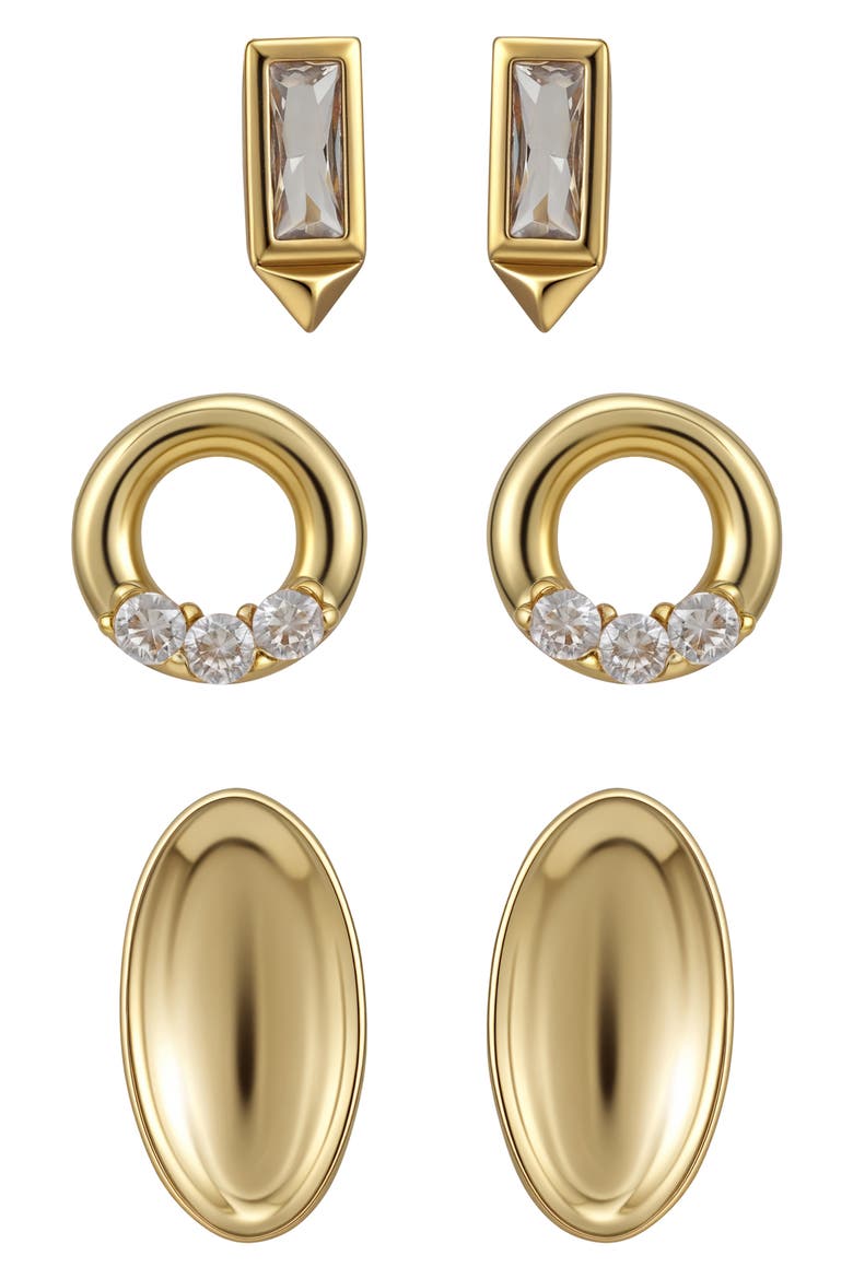 Set of 3 Assorted Stud Earrings, Main, color, GOLD