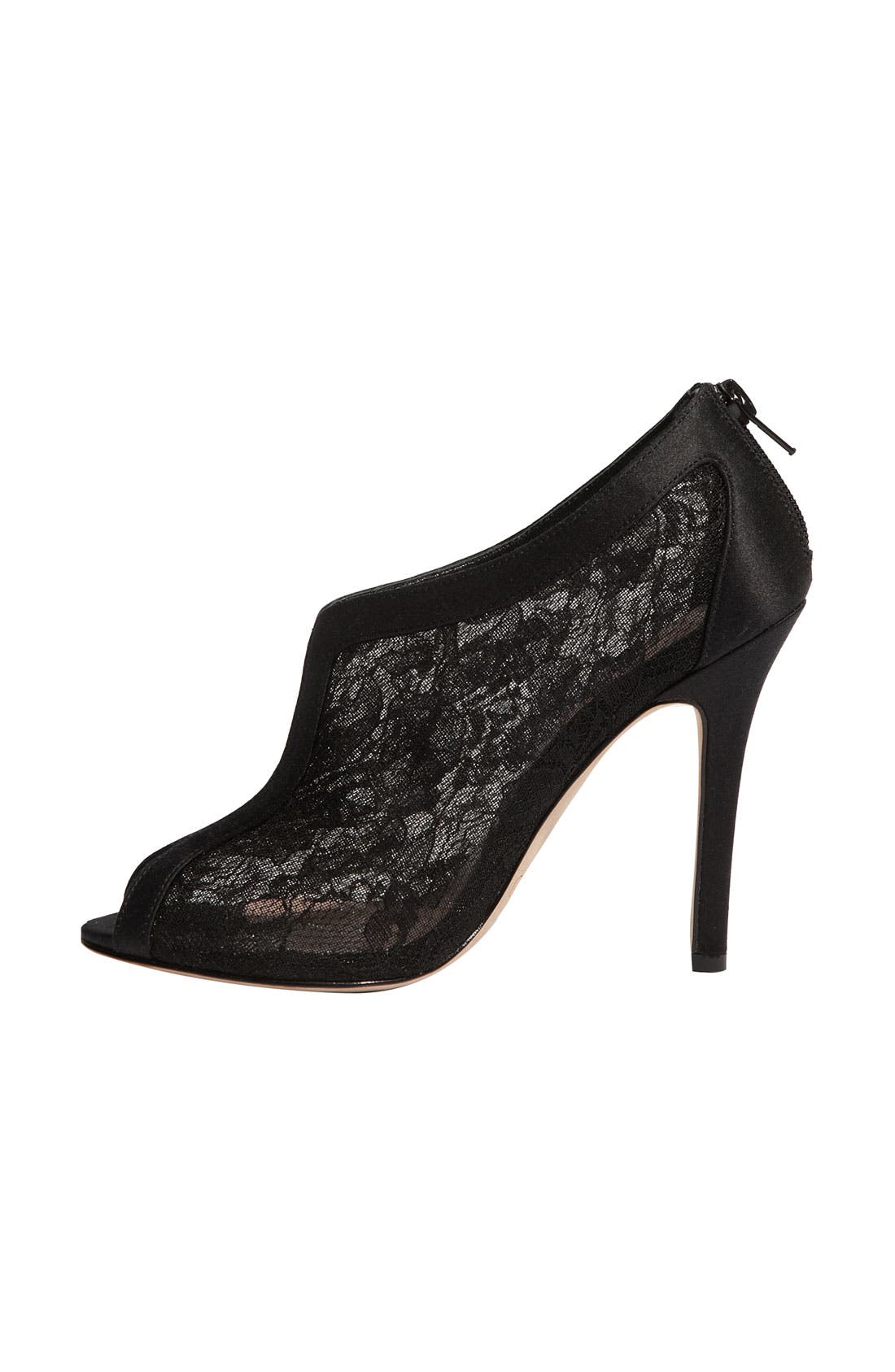 'Trio' Peep Toe Bootie, Alternate, color, BLACK LACE/ SATIN