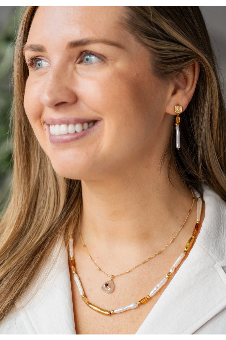 Biwa Pearl and Garnet Necklace, Alternate, color, Gold