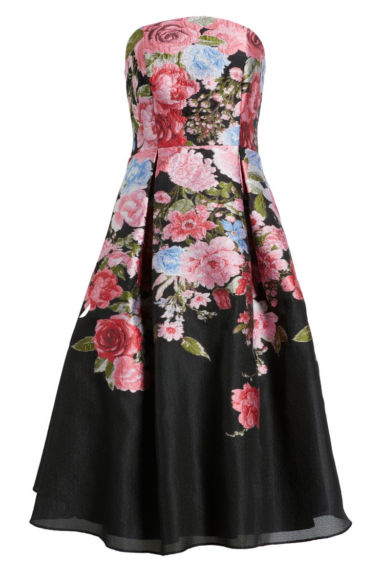 Pleated Strapless Jacquard Cocktail Dress, Alternate, color, BLACK MULTI