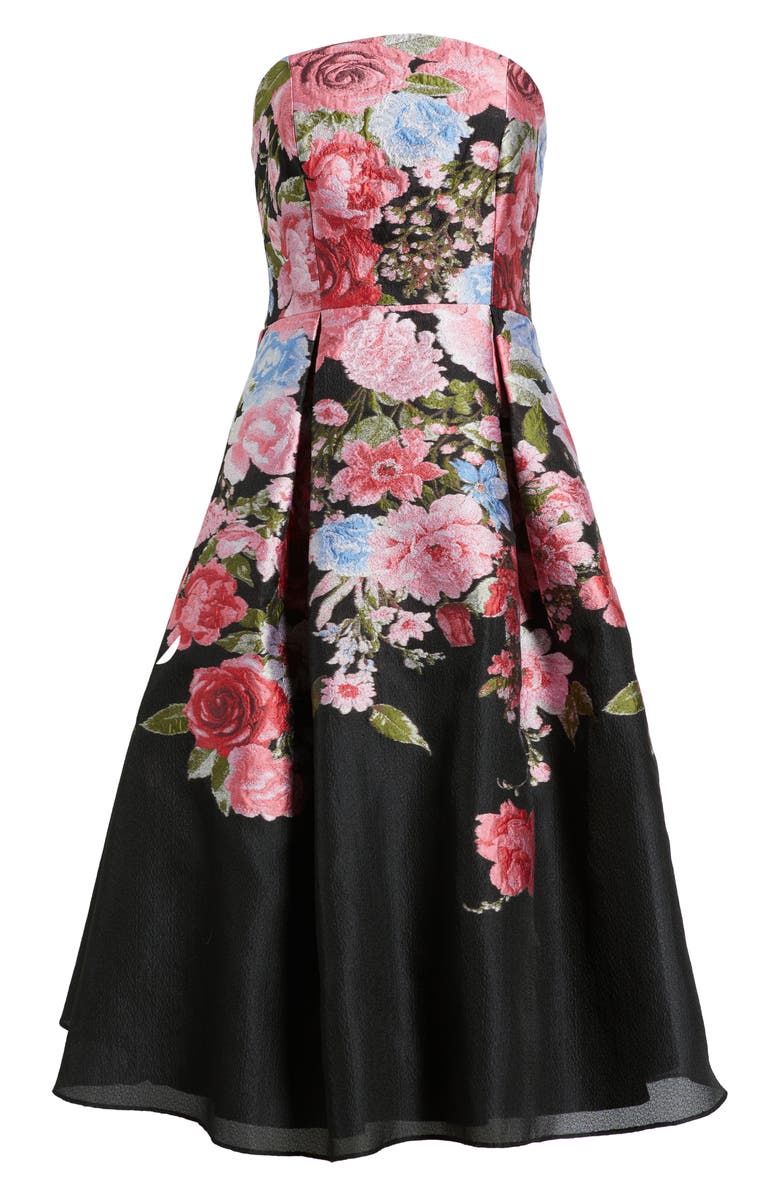 Eliza J Pleated Strapless Jacquard Cocktail Dress, Alternate, color, Black Multi