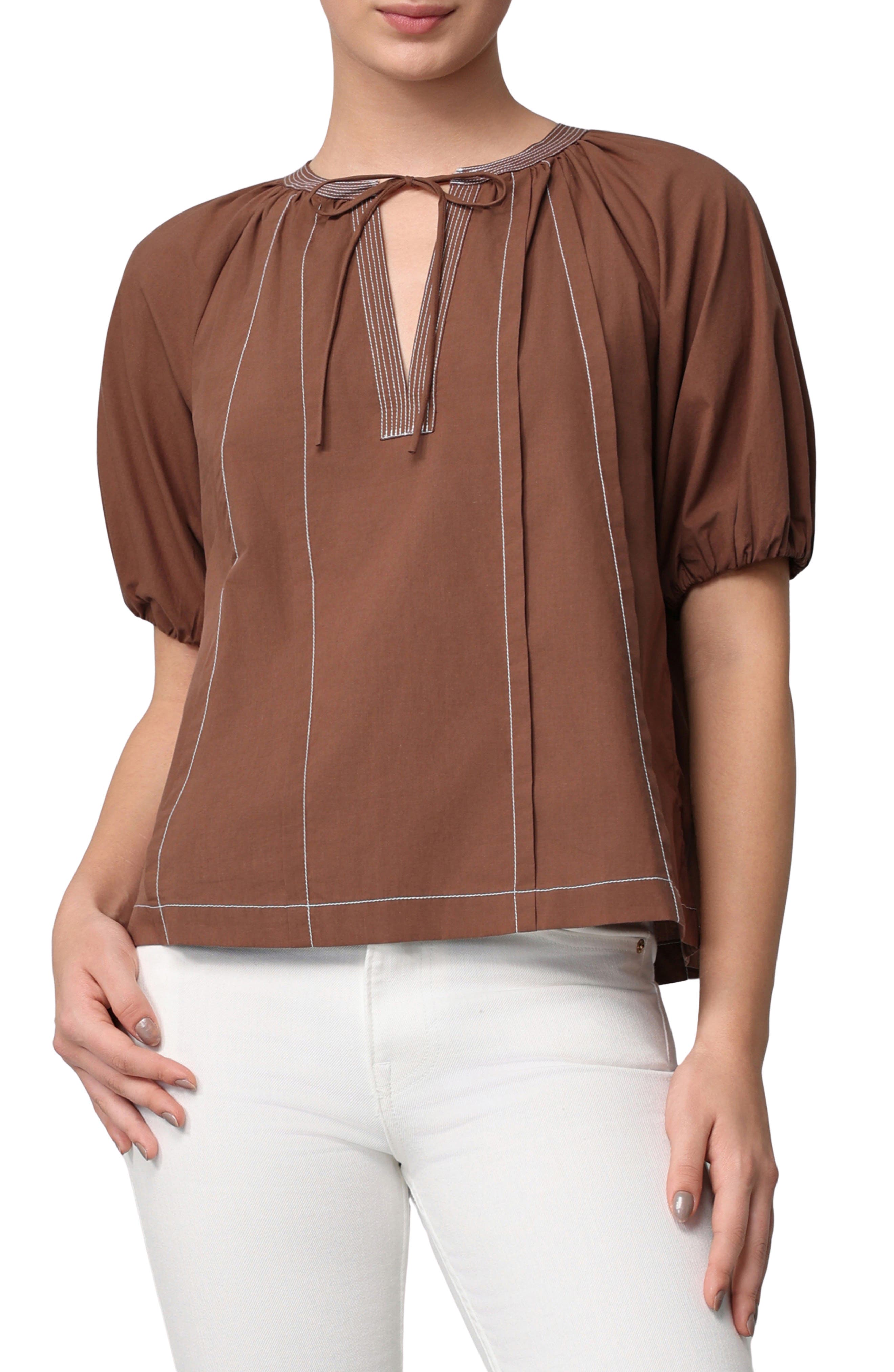 Contrast Stitch Puff Sleeve Top
