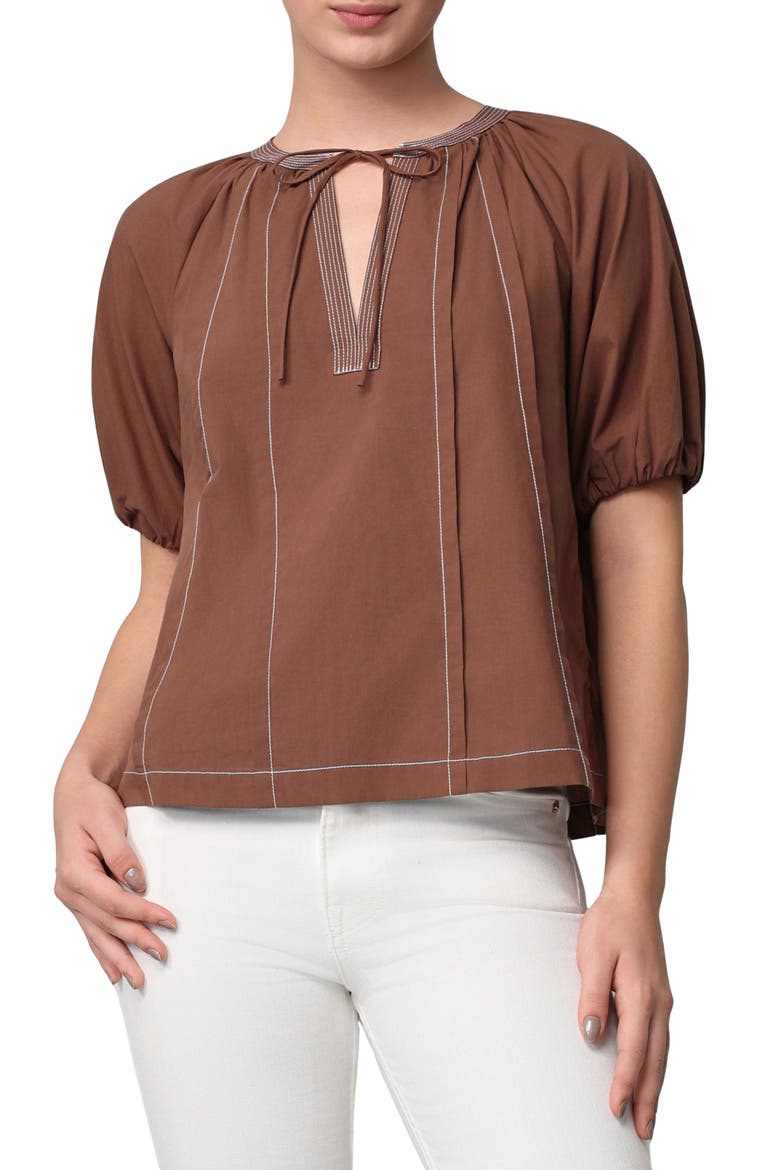 Contrast Stitch Puff Sleeve Top, Main, color, BROWN