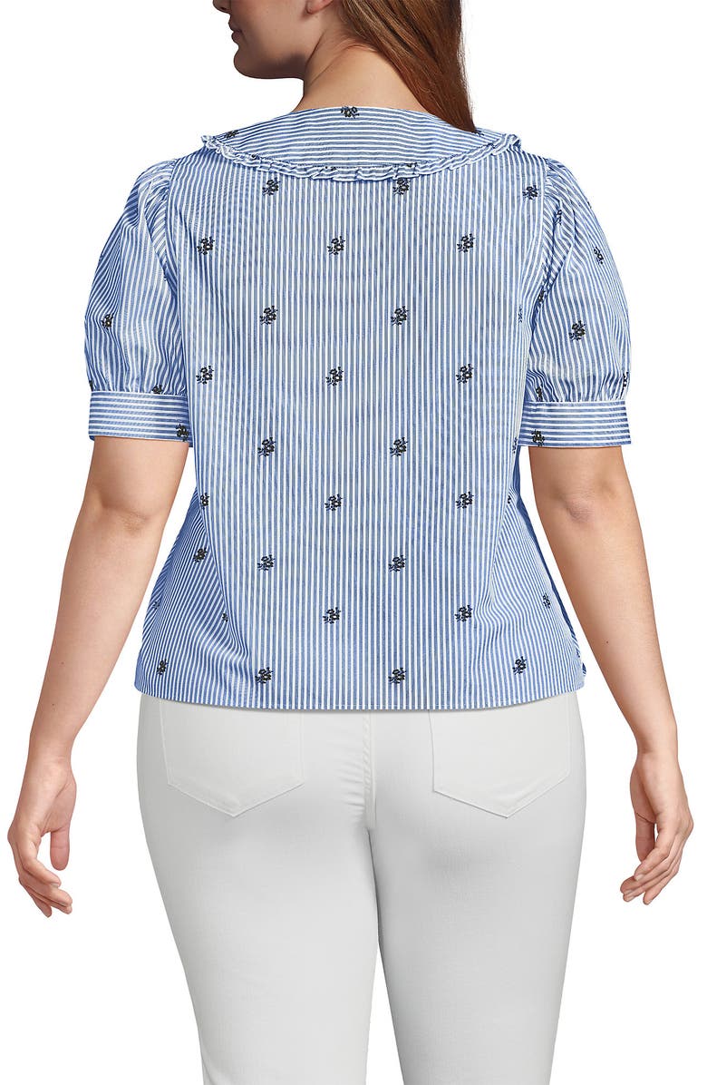 Lands' End Easy Care Puff Sleeve Statement Collar Shirt, Alternate, color, White/Blue Floral Stripe
