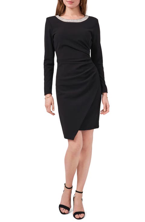 Beaded Neckline Long Sleeve Sheath Dress