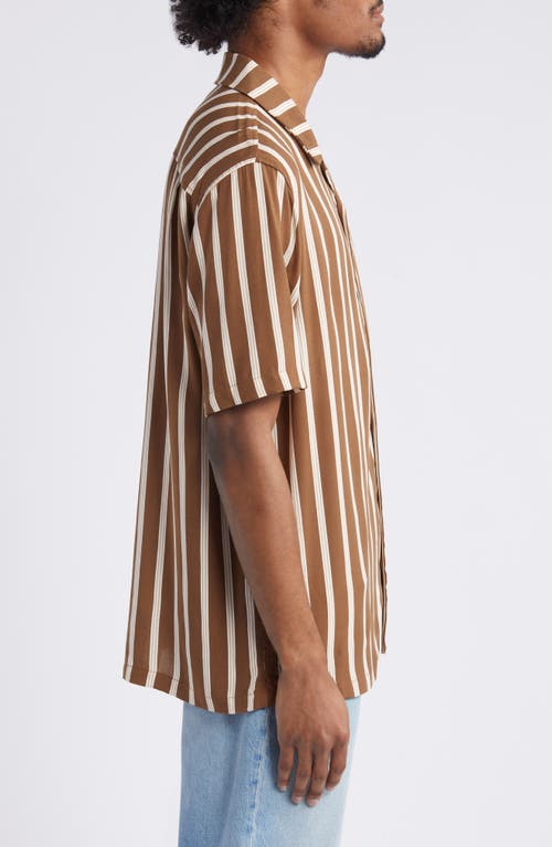 Pacsun Terry Stripe Camp Shirt In Brown/white