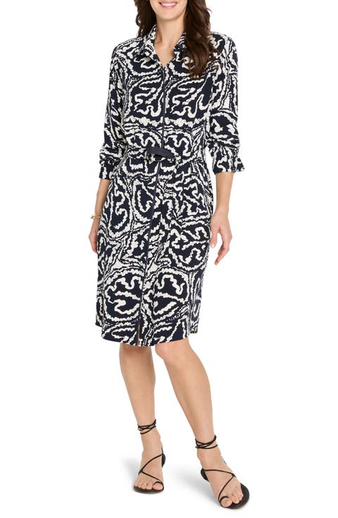 Indigo Leaf Double Crepe Shirtdress