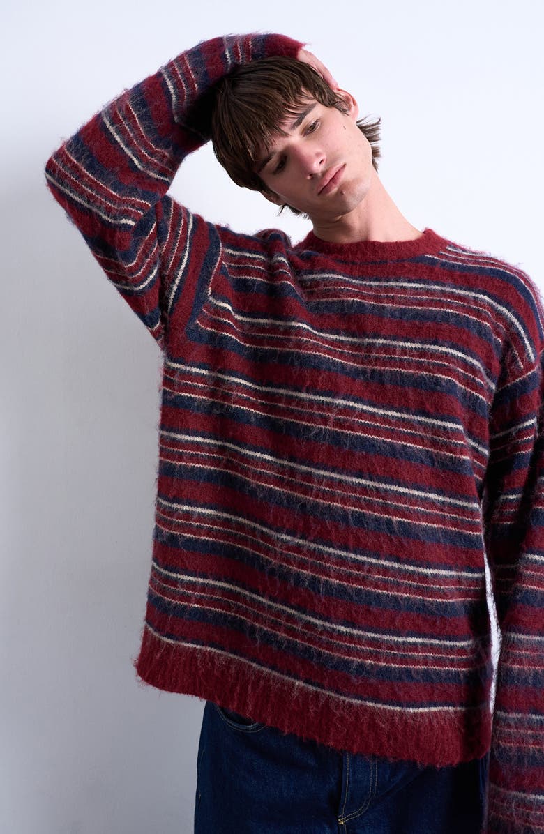 Topman Oversize Stripe Crewneck Sweater, Alternate, color, Burgundy