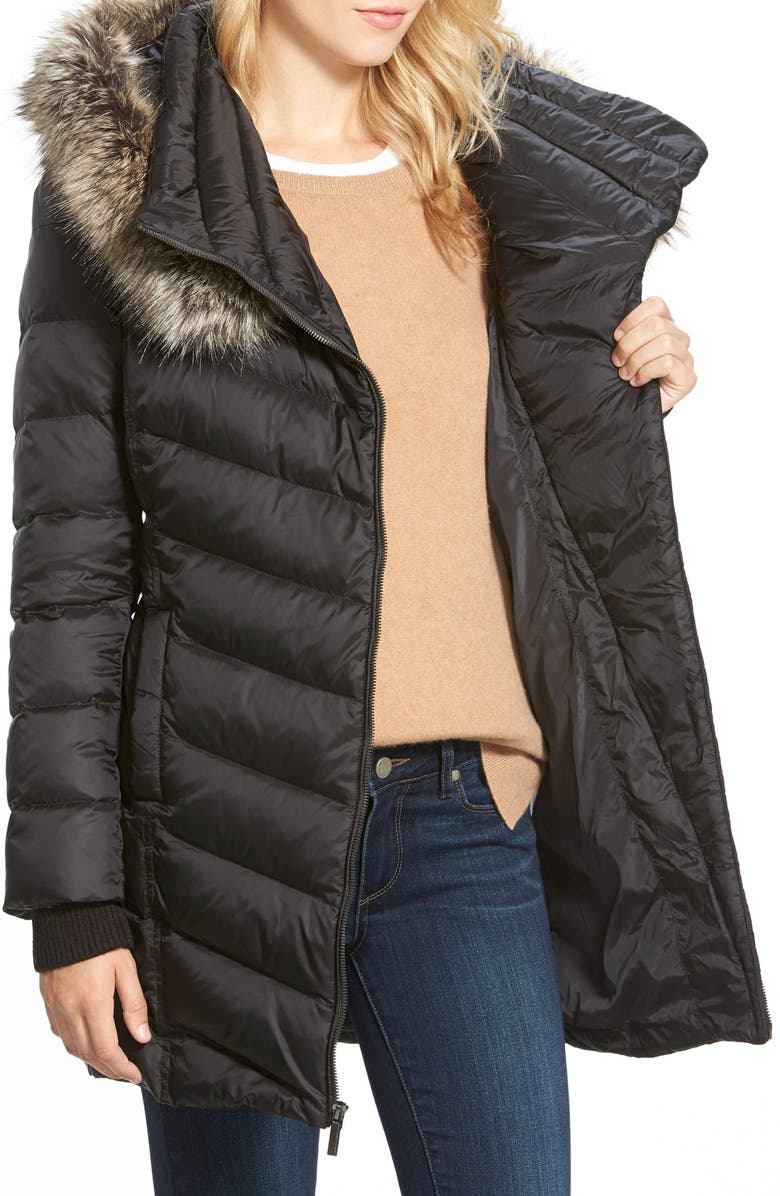 French Connection Asymmetrical Down Coat with Faux Fur Trim, Alternate, color,