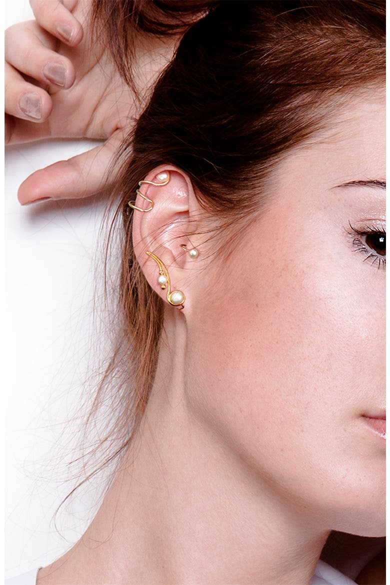 Sterling Silver & Freshwater 5-5.5mm Pearl Ear Climbers, Alternate, color, GOLD