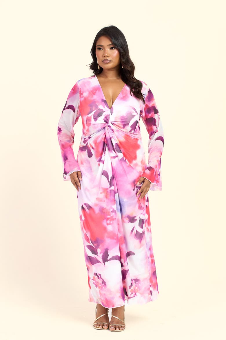 Plus Size Floral Twist Front Midi Dress, Alternate, color, Pink