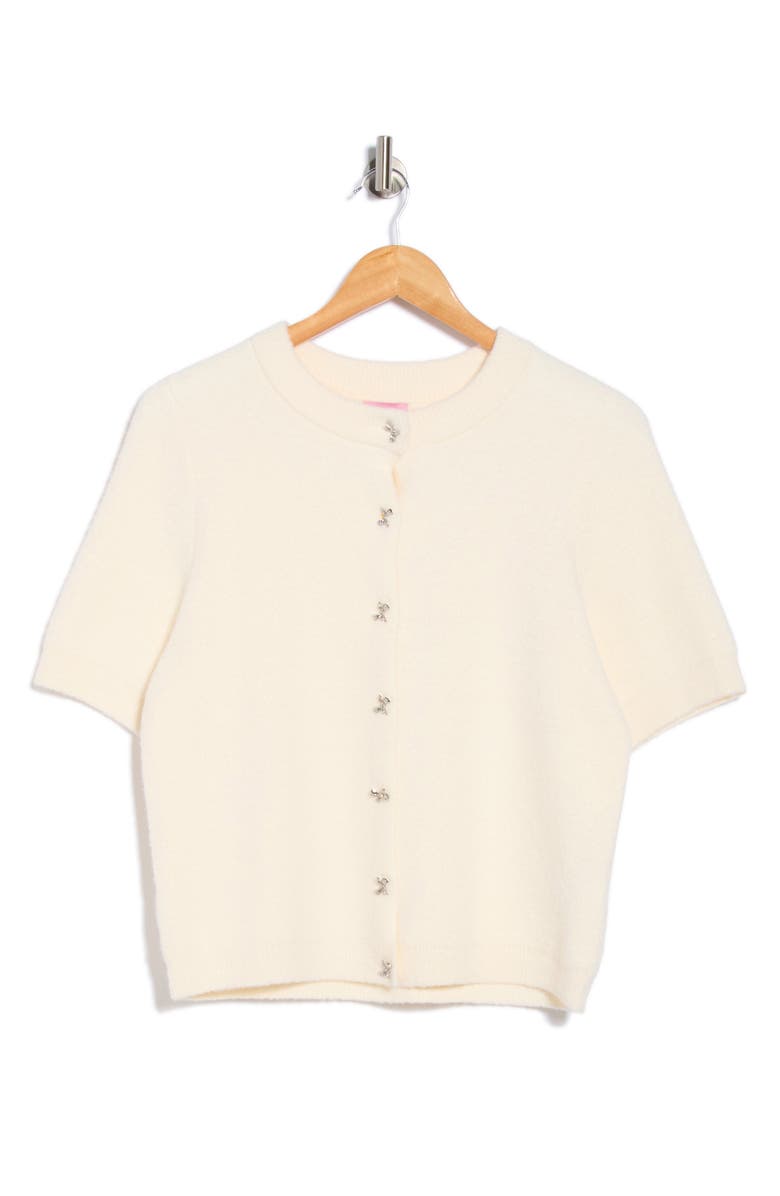 Muse Bow Button Short Sleeve Cardigan, Alternate, color, Cream