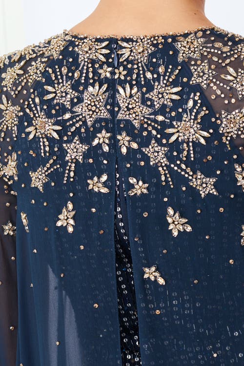 Jenny Packham Moonlight Star-embellished Cape-design Maxi Dress In Blue