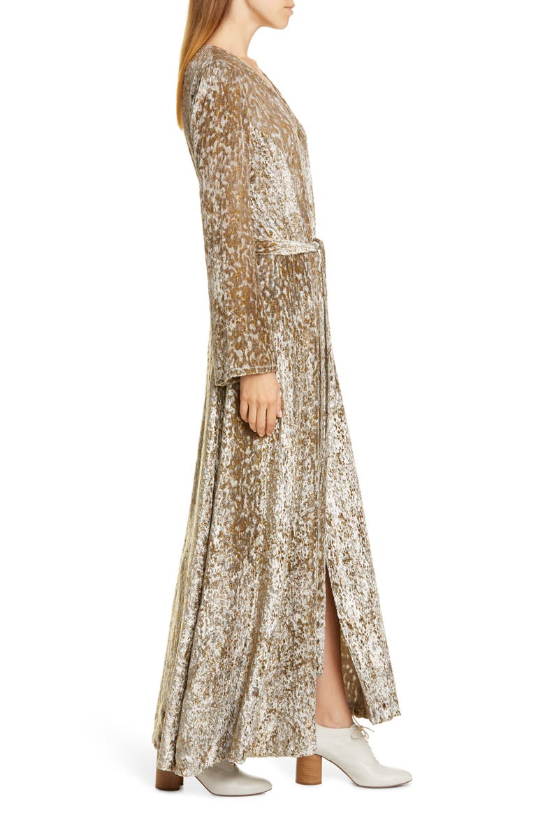 Belted Long Sleeve Metallic Velvet Gown, Alternate, color, GOLD