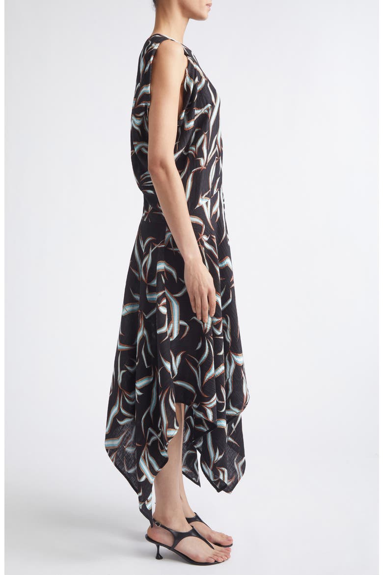 Sybella Handkerchief Hem Linen & Silk Metalassé Midi Dress, Alternate, color, BLACK