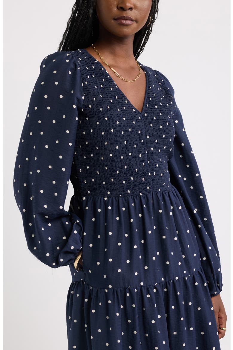 Smocked Long Sleeve Midi Dress, Alternate, color, NAVY IVORY TOSS DOT