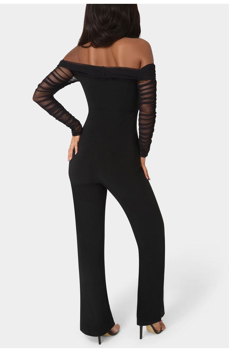 bebe Off Shoulder Ruched Jumpsuit, Alternate, color, Black