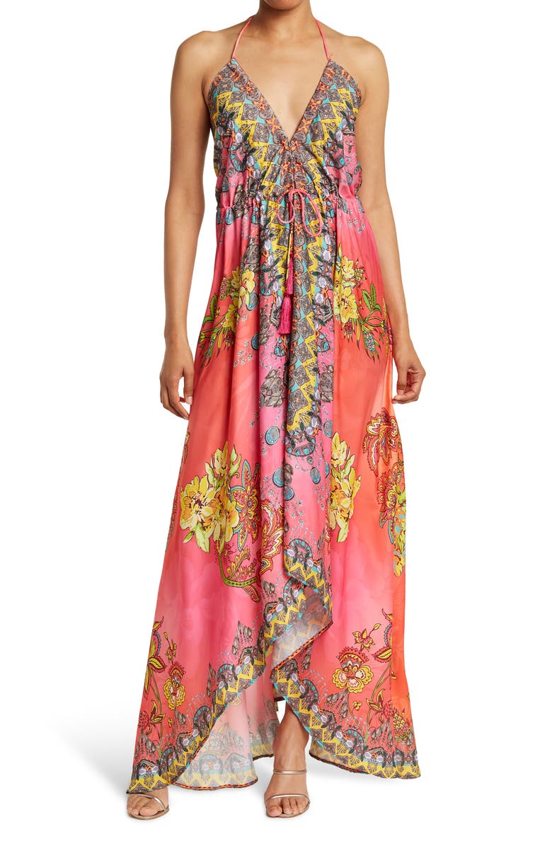 RANEES Floral Print Halter Cover-Up Dress, Main, color,