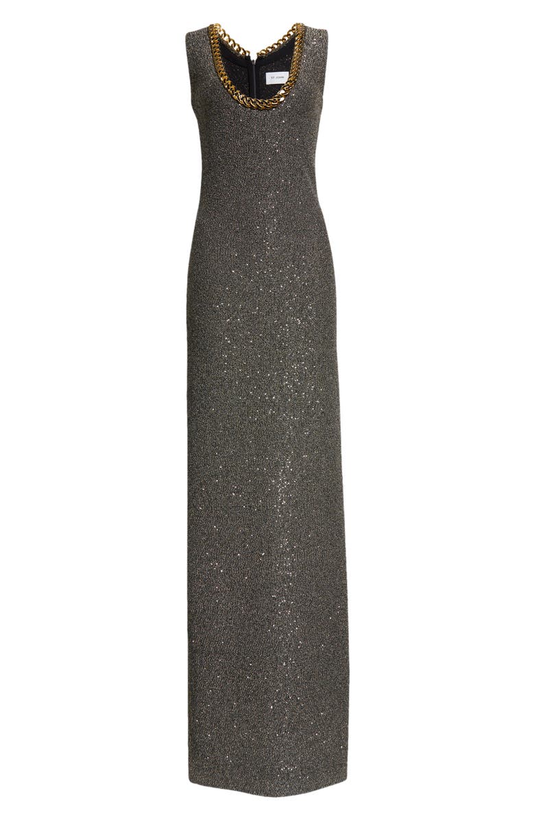 ST. JOHN Sequin Embellished Shimmer Tweed Column Gown, Alternate, color, Carbon/ Gold Multi