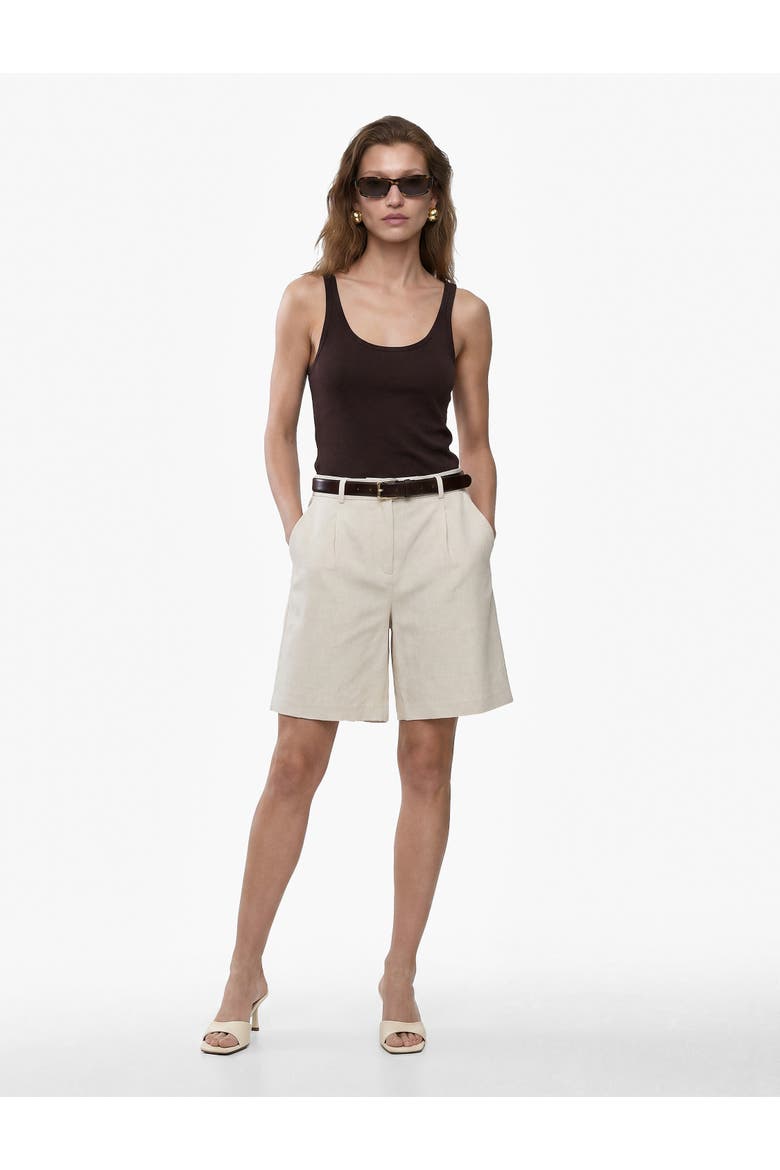 Linen Blend Pleated Mid-Rise Tailored Shorts with Belt, Main, color, BEIGE